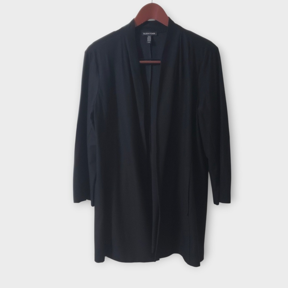 Eileen Fisher Open Front Cardigan Jacket Viscose‎ Blend Black Sz Large